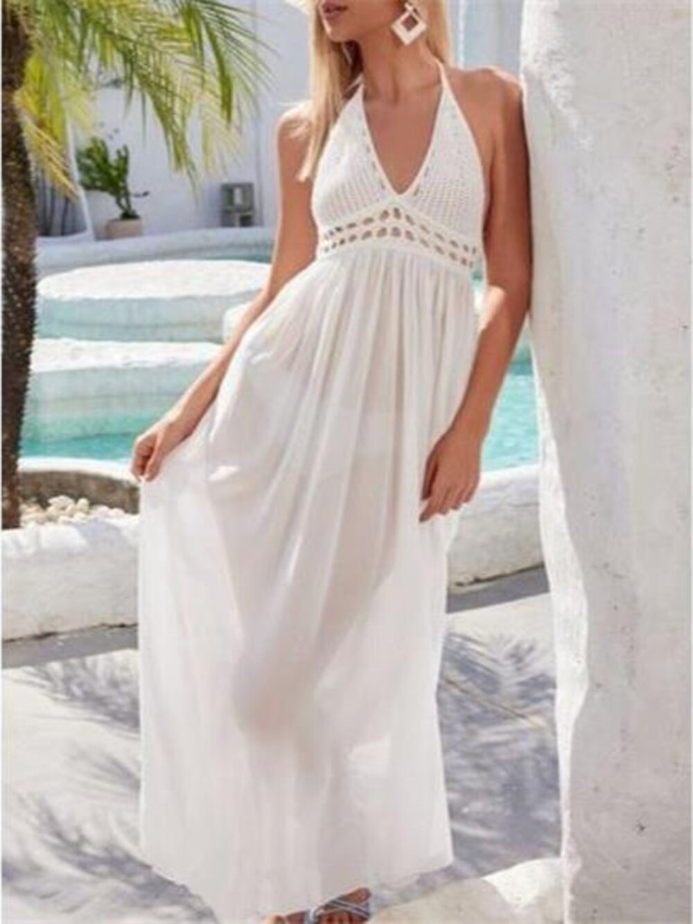Crochet Halter Neck Maxi Cover Up Dress